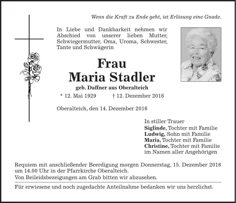 Traueranzeige Stadler Maria