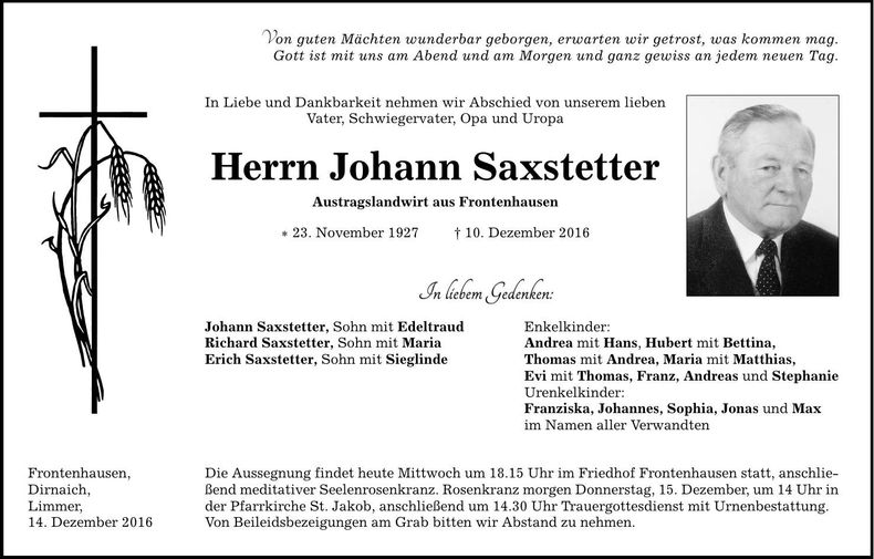 Traueranzeige Johann Saxstetter