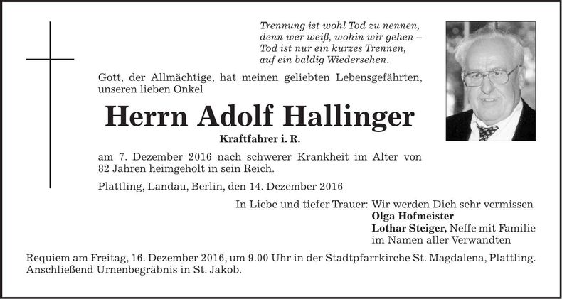 Traueranzeige Adolf Hallinger