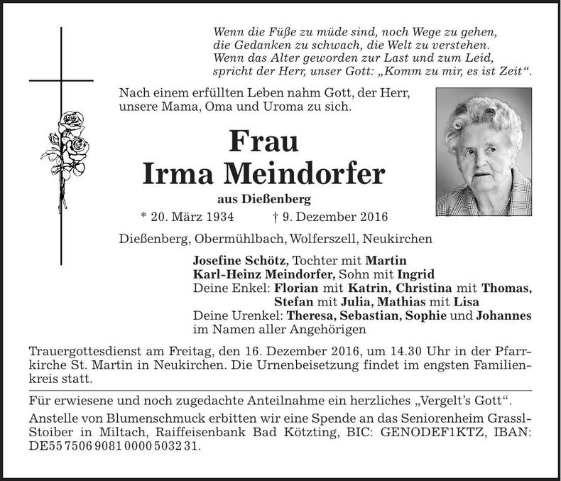 Traueranzeige Irma Meindorfer