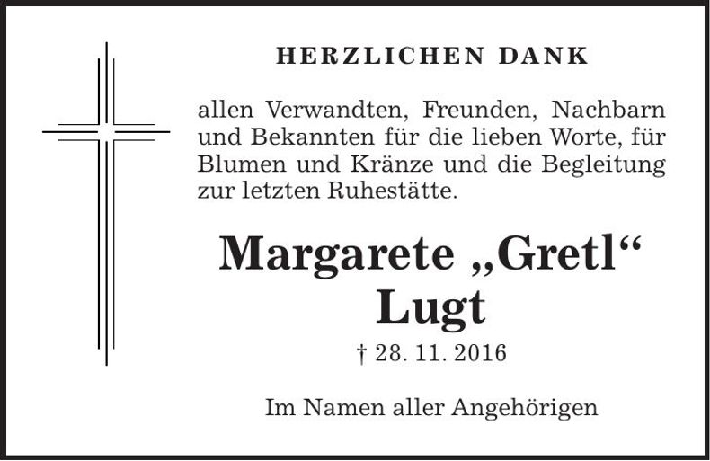 Traueranzeige Margarete Lugt