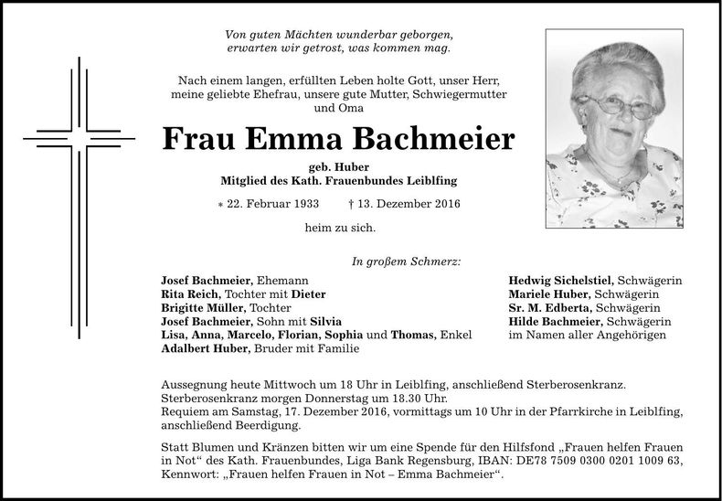 Traueranzeige Emma Bachmeier