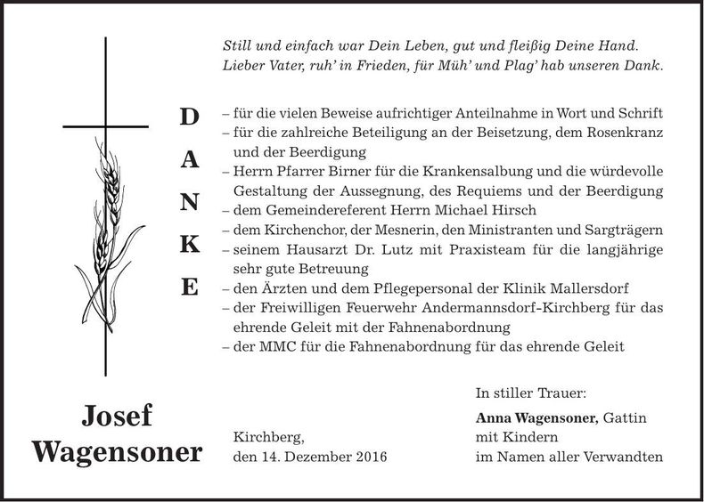 Traueranzeige Josef Wagensoner