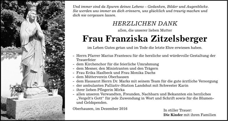 Traueranzeige Franziska Zitzelsberger