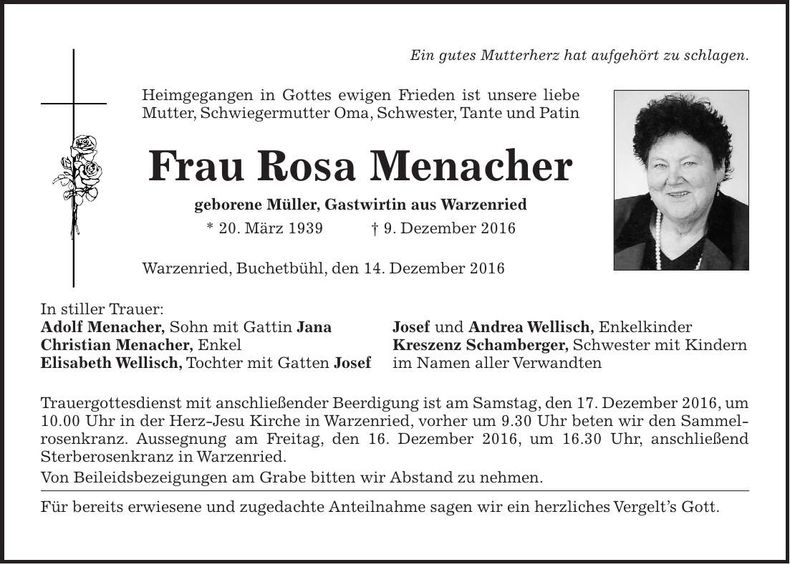 Traueranzeige Rosa Menacher