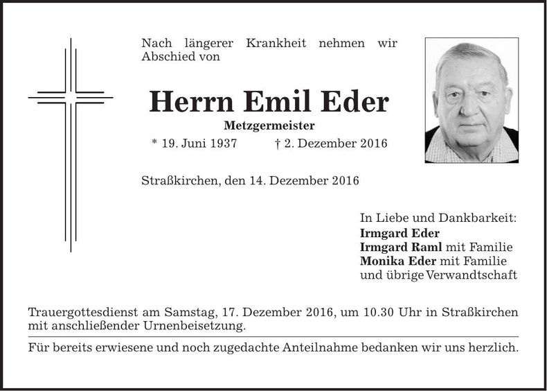 Traueranzeige Emil Eder