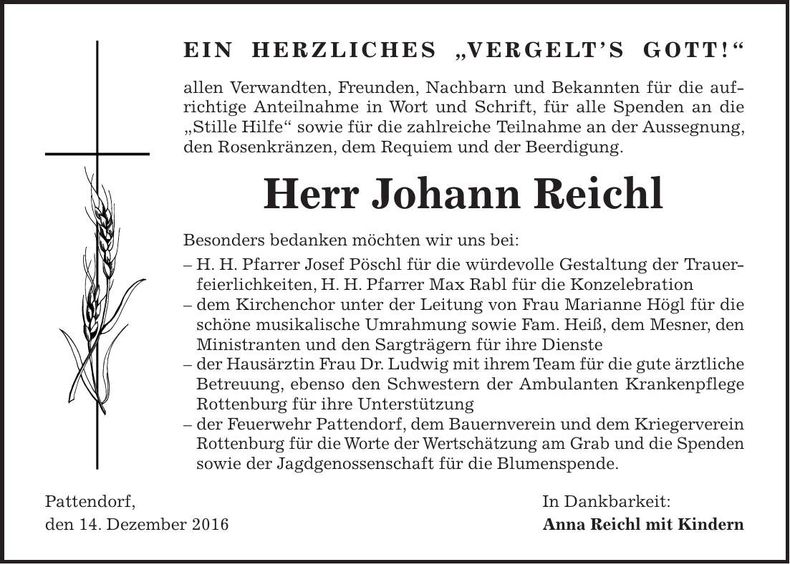 Traueranzeige Johann Reichl