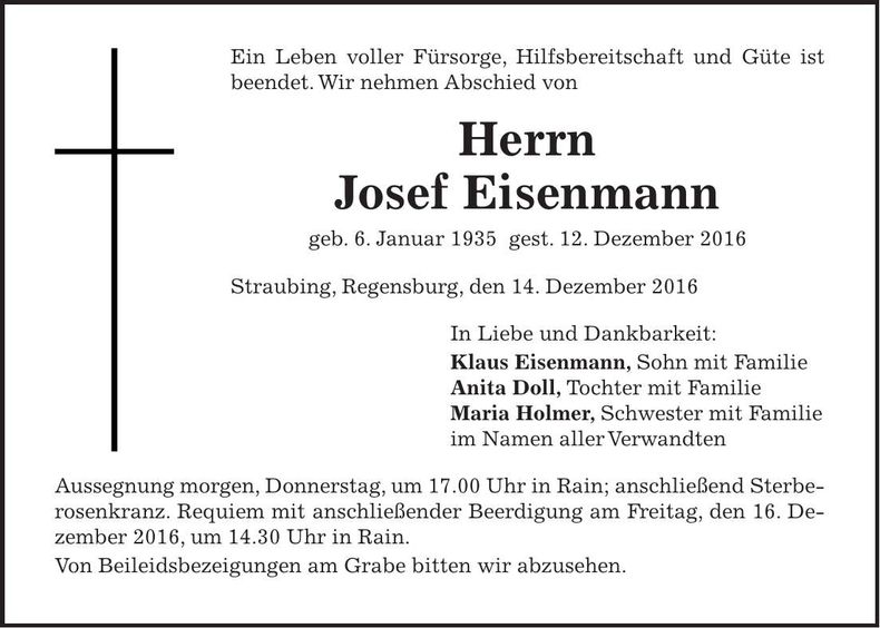 Traueranzeige Josef Eisenmann