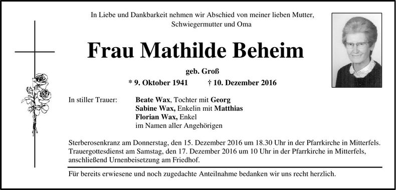 Traueranzeige Mathilde Beheim