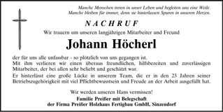 Traueranzeige Johann Höcherl