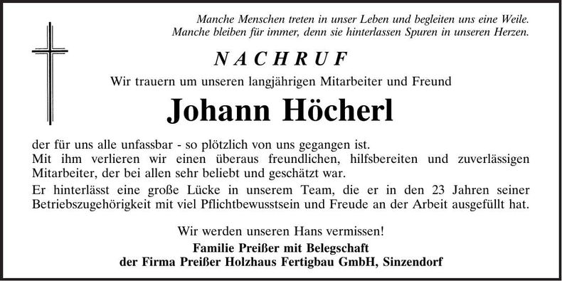 Traueranzeige Johann Höcherl