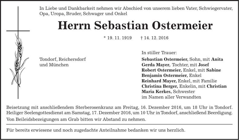 Traueranzeige Sebastian Ostermeier