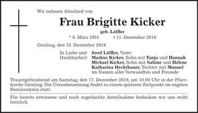 Traueranzeige Brigitte Kicker