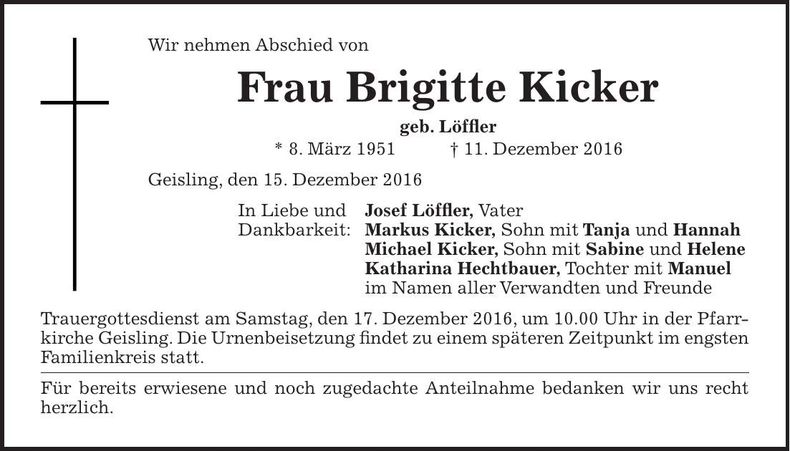 Traueranzeige Brigitte Kicker