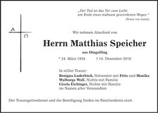 Traueranzeige Matthias Speicher