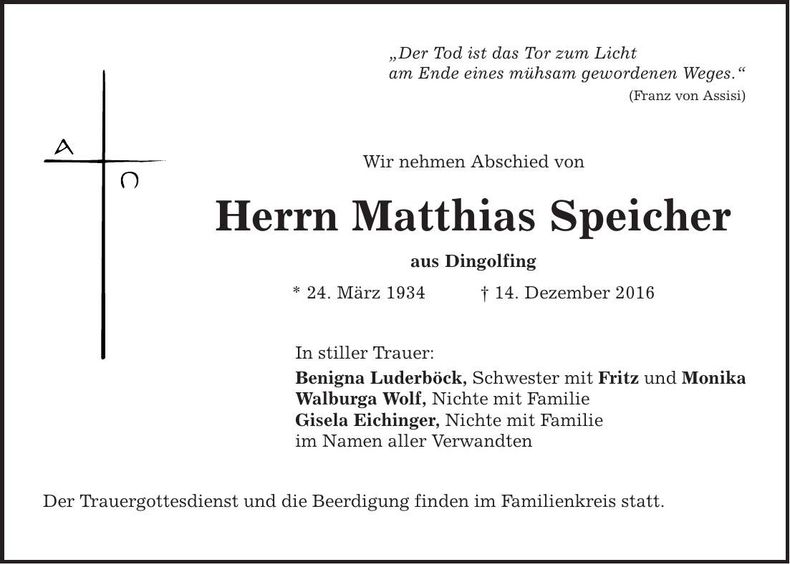 Traueranzeige Matthias Speicher