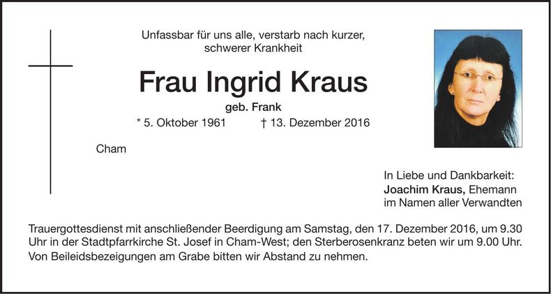 Traueranzeige Ingrid Kraus