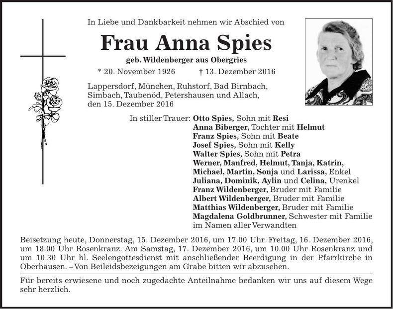 Traueranzeige Anna Spies