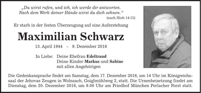 Traueranzeige Maximilian Schwarz