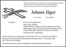 Traueranzeige Johann Jäger