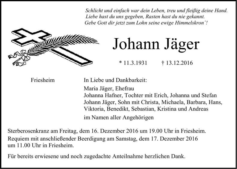 Traueranzeige Johann Jäger
