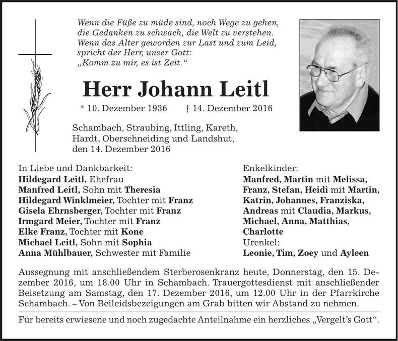 Traueranzeige Johann Leitl
