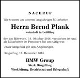 Traueranzeige Bernd Plank