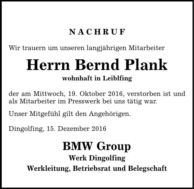 Traueranzeige Bernd Plank