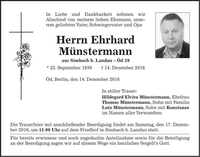 Traueranzeige Ehrhard Münstermann