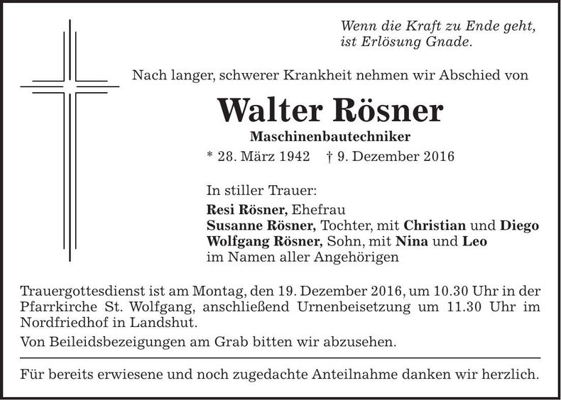 Traueranzeige Walter Rösner