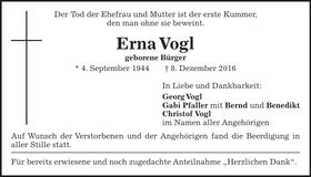 Traueranzeige Erna Vogl