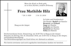 Traueranzeige Mathilde Hilz