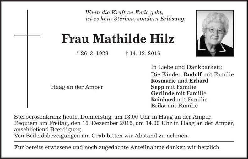 Traueranzeige Mathilde Hilz