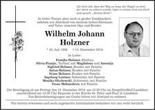 Traueranzeige Wilhelm Johann Holzner