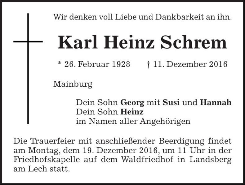 Traueranzeige Heinz Schrem