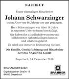 Traueranzeige Johann Schwarzinger