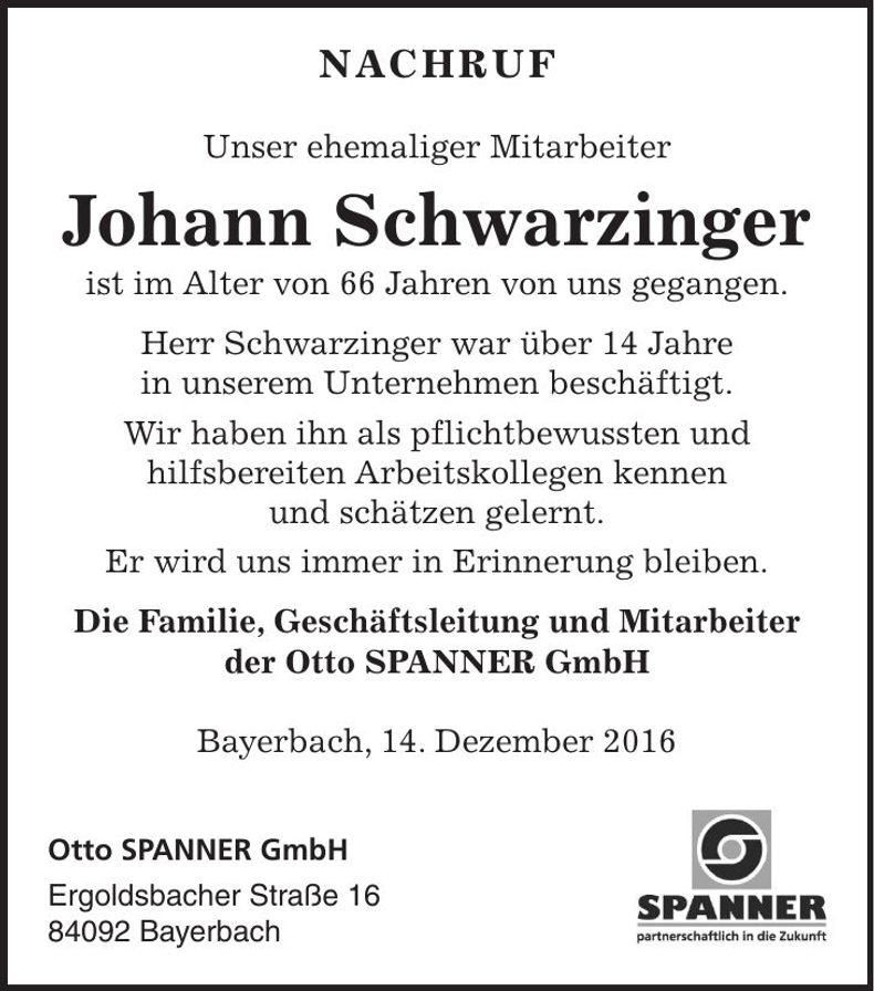 Traueranzeige Johann Schwarzinger