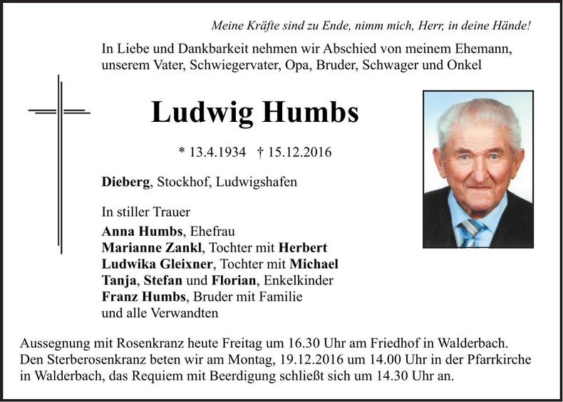 Traueranzeige Ludwig Humbs