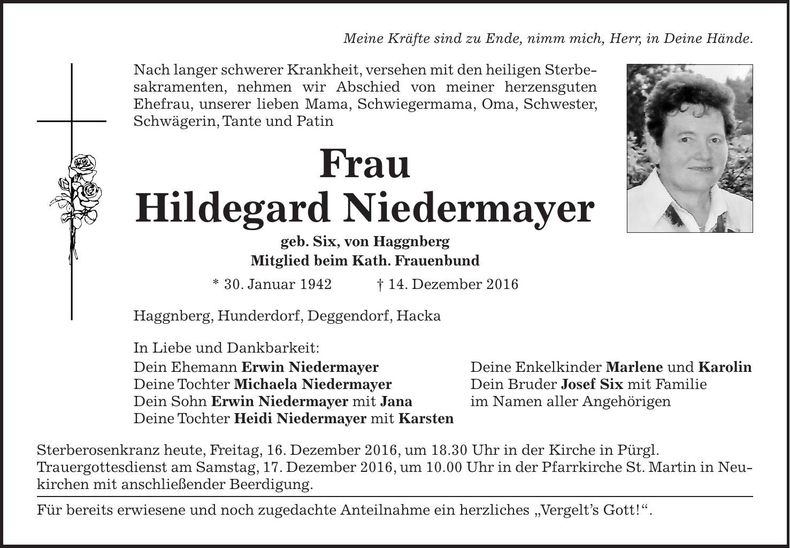 Traueranzeige Hildegard Niedermayer