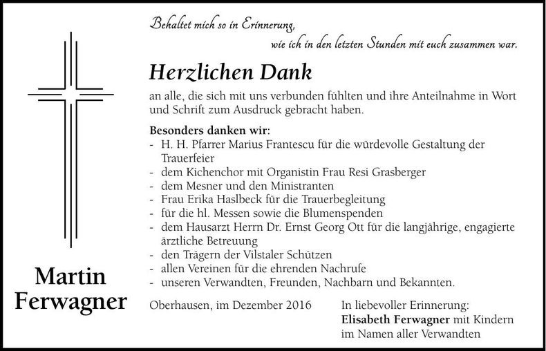 Traueranzeige Martin Ferwagner