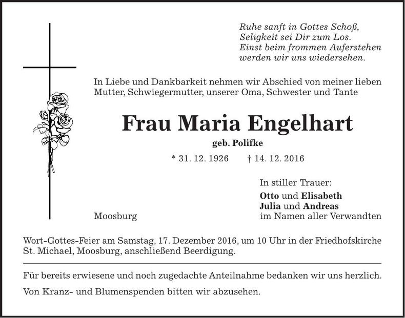 Traueranzeige Maria Engelhart