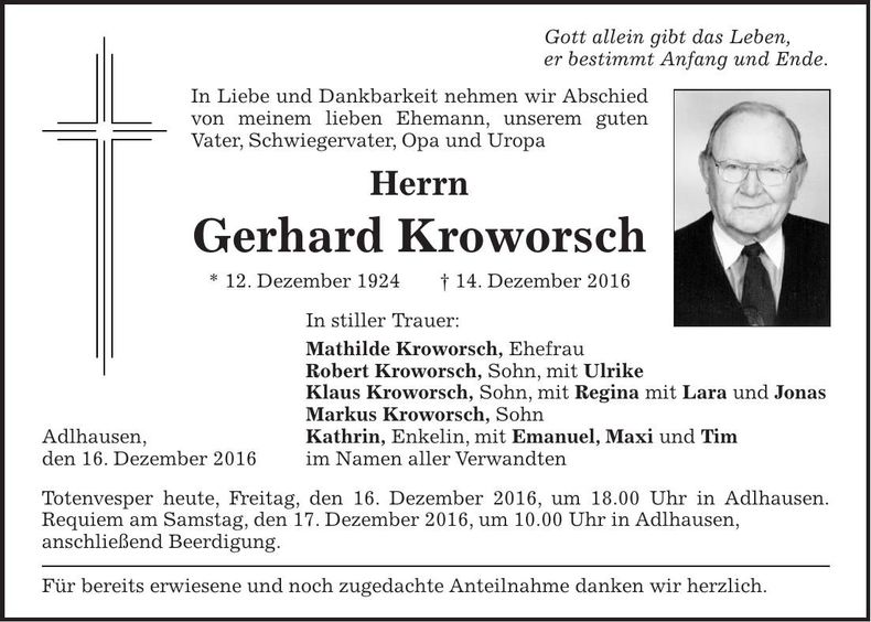 Traueranzeige Gerhard Kroworsch