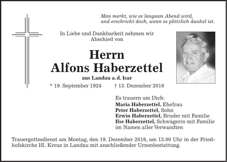Traueranzeige Alfons Haberzettel