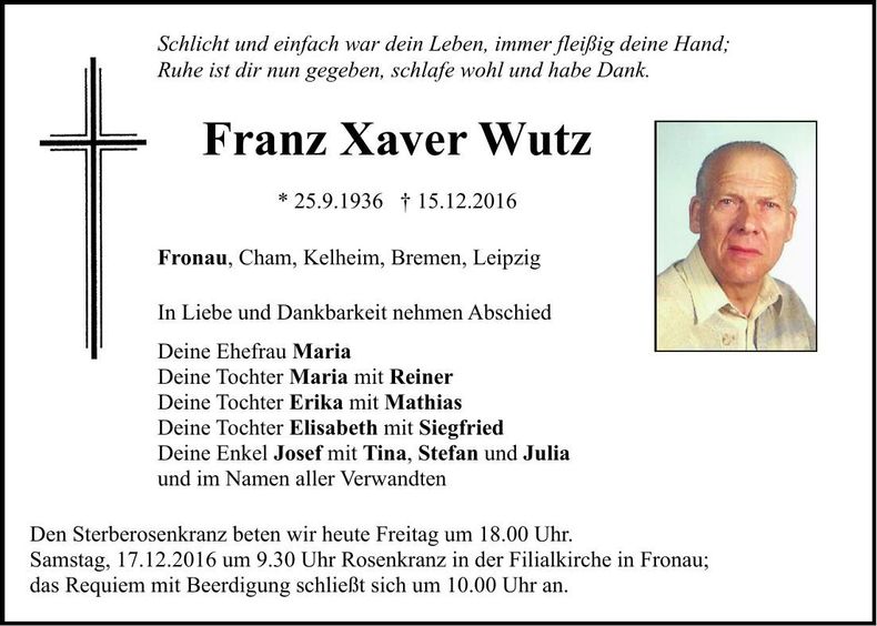 Traueranzeige Franz Xaver Wutz
