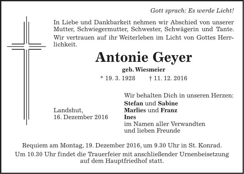 Traueranzeige Antonie Geyer