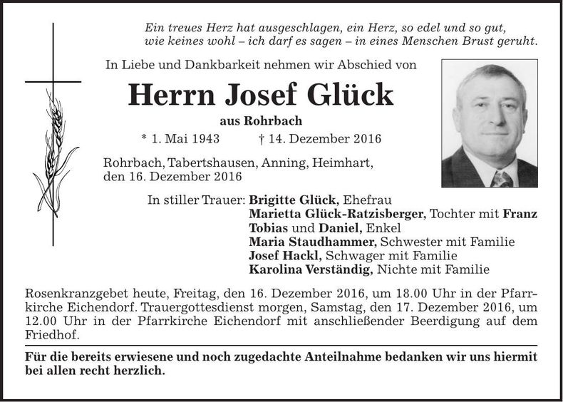 Traueranzeige Josef Glück