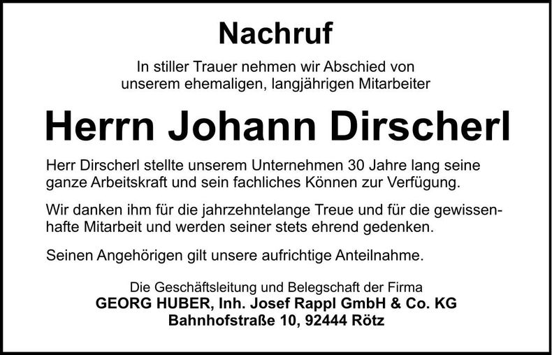Traueranzeige Johann Dirscherl