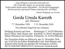 Traueranzeige Gerda Ursula Karreth