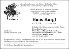 Traueranzeige Hans Kargl