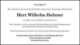 Traueranzeige Wilhelm Holzner